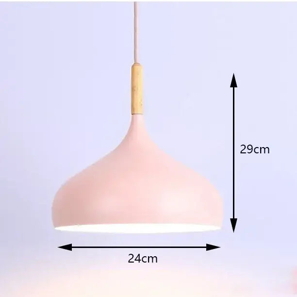 Industrial pastel metal pendant light with a pastel pink matte metal finish and wooden accent for kitchen use