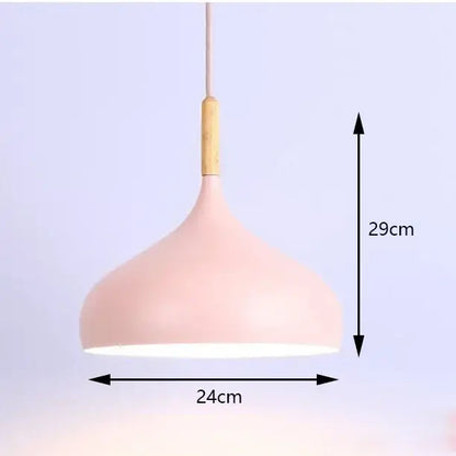 Industrial pastel metal pendant light with a pastel pink matte metal finish and wooden accent for kitchen use