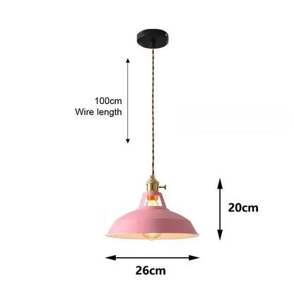 Industrial pastel pink pendant light with metal shade brass finish and twisted copper wire suspension for kitchen use