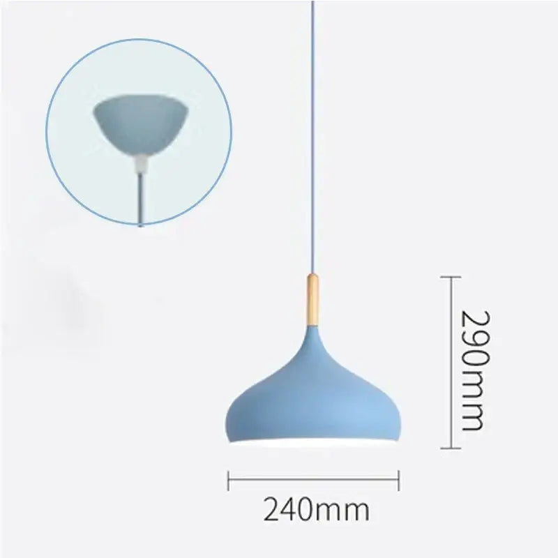 A sleek matte blue metal pendant light with wooden accent and brass hardware for industrial kitchen use