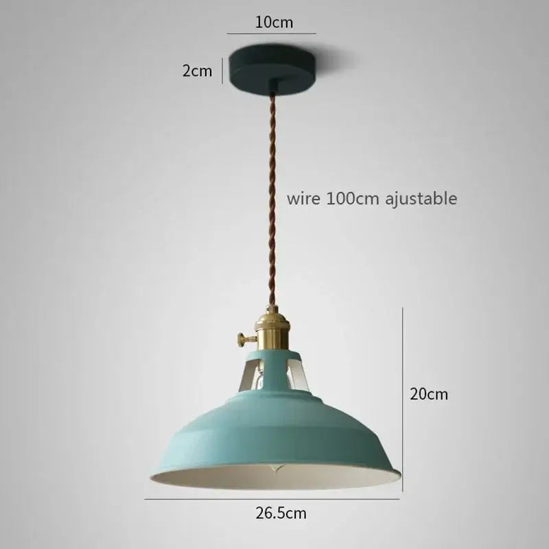 Teal industrial pastel metal pendant light with brass hardware and twisted copper wire suspension for kitchen use