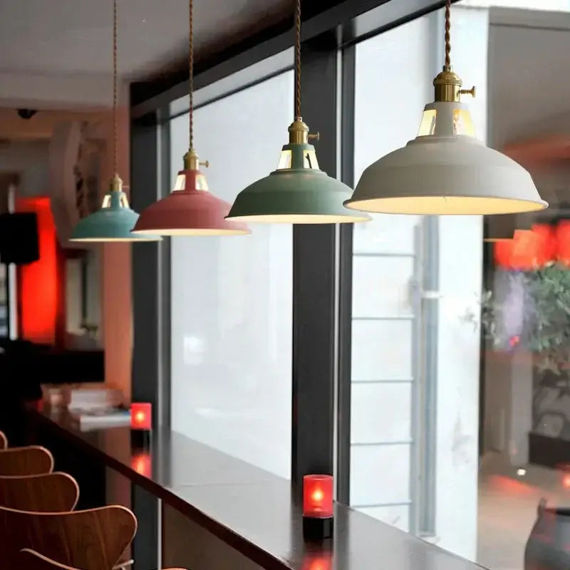 Vintage-style industrial pastel pendant light with matte metal finish shades in teal dusty rose and off-white colors