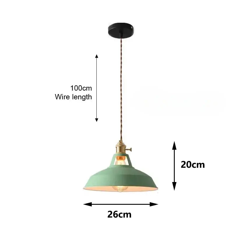 Industrial pastel pendant light with matte sage green metal shade brass hardware and exposed bulb for kitchen use