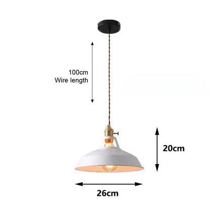 White industrial pendant light with pastel metal shade and brass metal finish featuring 100cm wire length