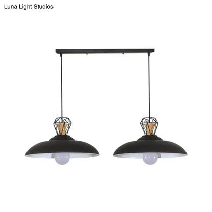 Black DecorBites™ 2-headed industrial pendant lamp with barn metal shade and wooden accents for restaurants