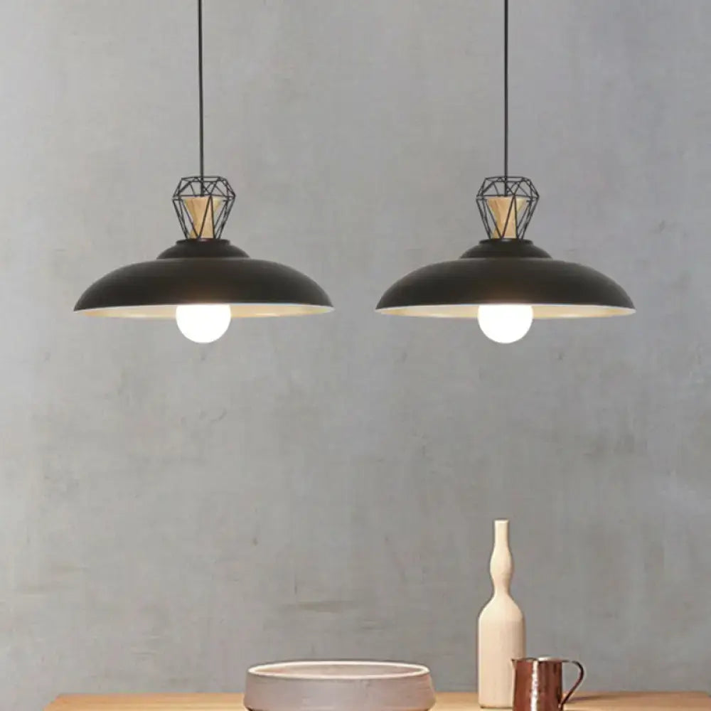DecorBites™ 2-headed black industrial pendant lamp with barn metal shade and geometric wireframe accents for restaurants