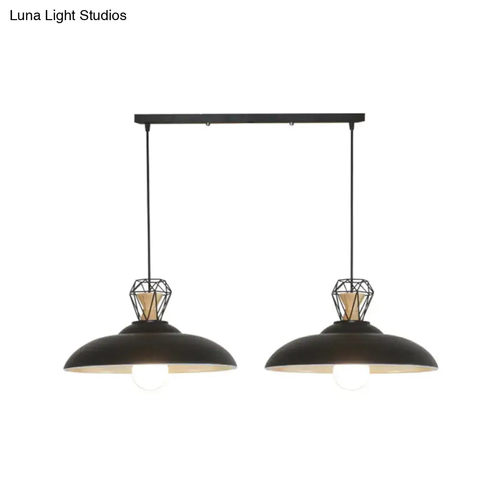 DecorBites 2-headed black pendant lamp with barn metal shade and geometric wireframe for industrial decor