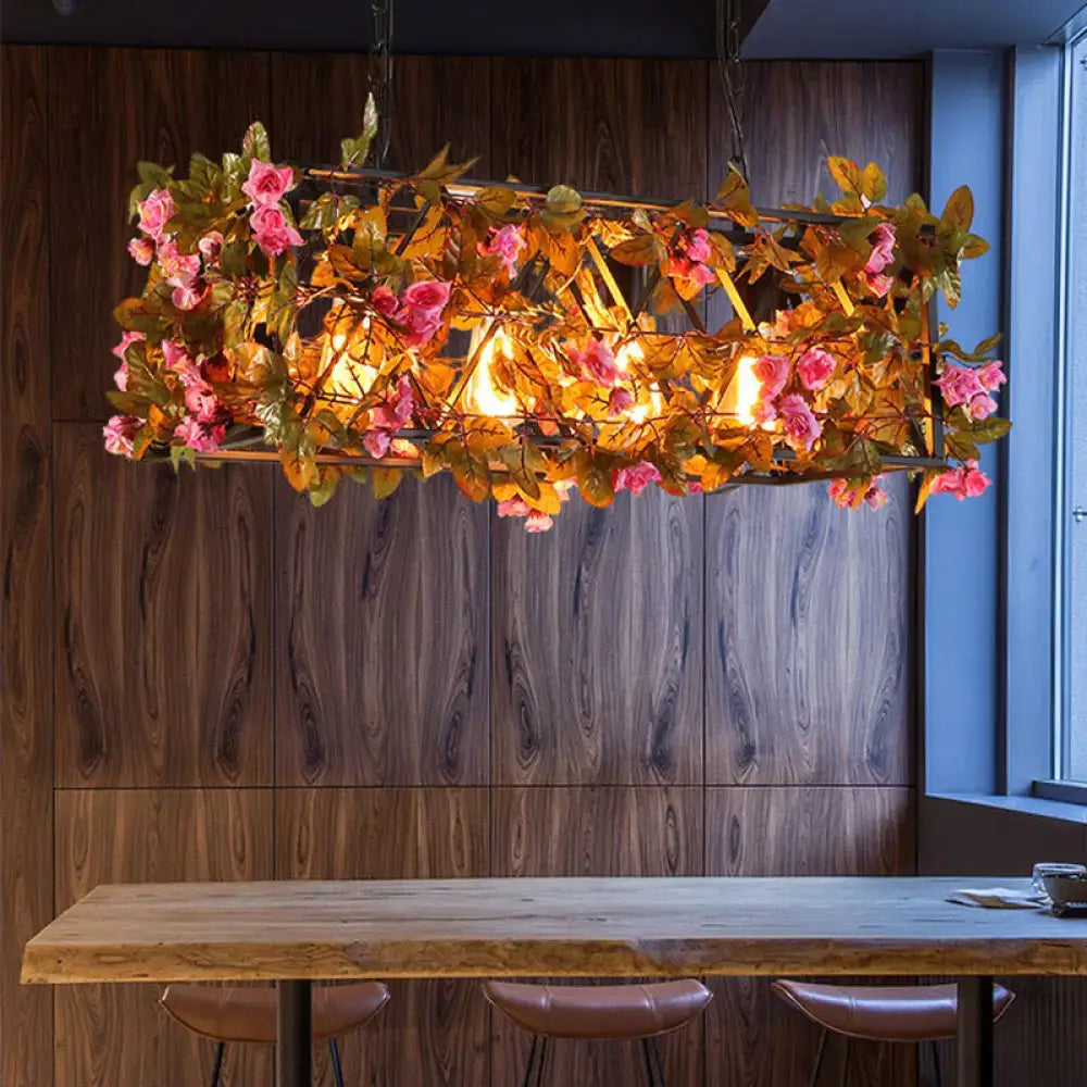 Rectangular led hanging lamp with rustic wooden frame featuring artificial pink roses and golden leaves in pink brown