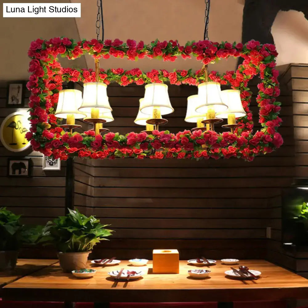 Decorbites™ red metal flower pendant light with vibrant roses and white lampshades on industrial rectangular island frame 220v-240v