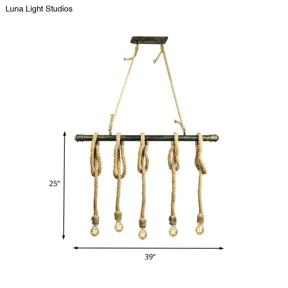 Decorbites adjustable rope exposed island light with dark metal bar beige rope and light yellow exposed bulbs