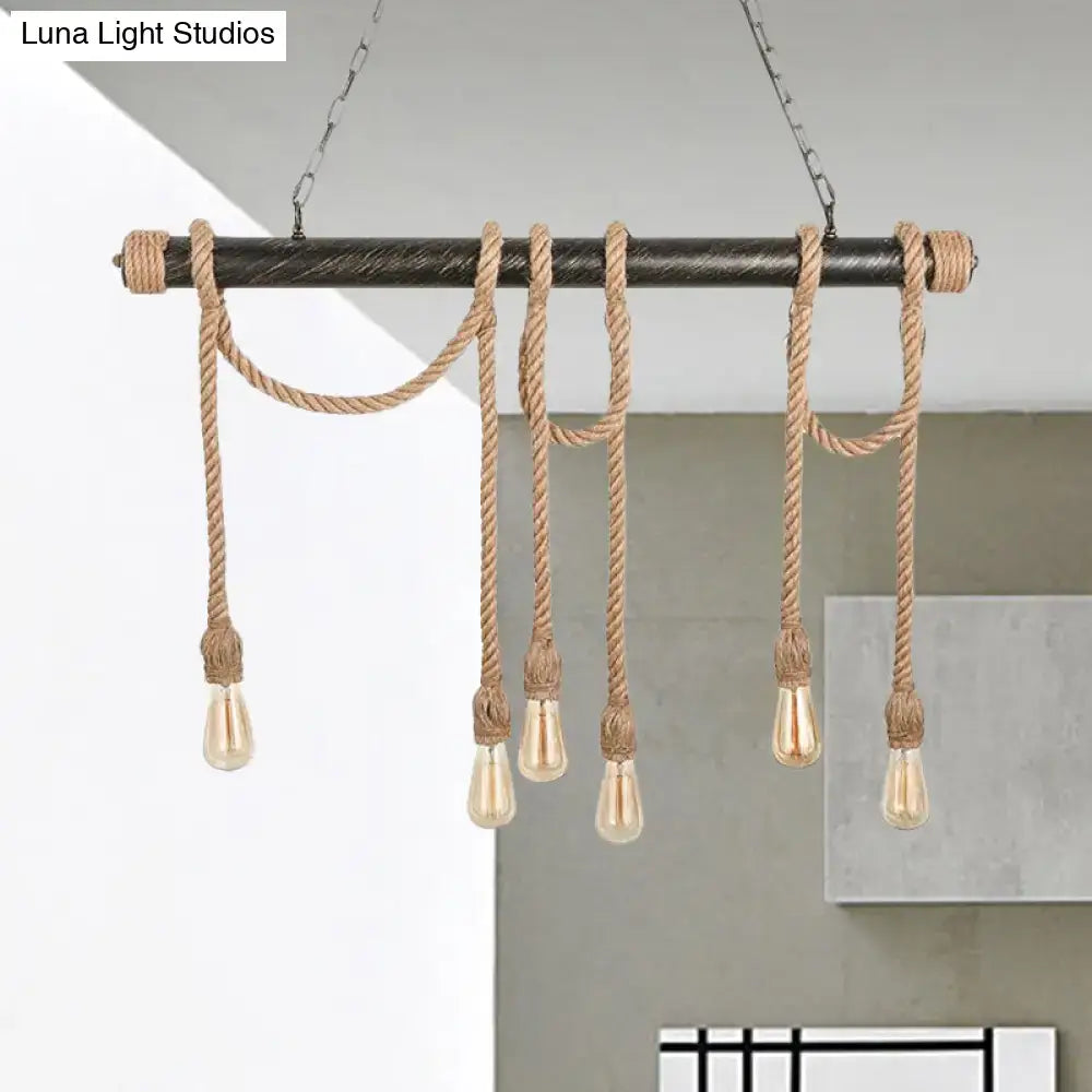 DecorBites™ adjustable rope exposed island light with dark metal bar, natural twine ropes, and light yellow filament bulbs
