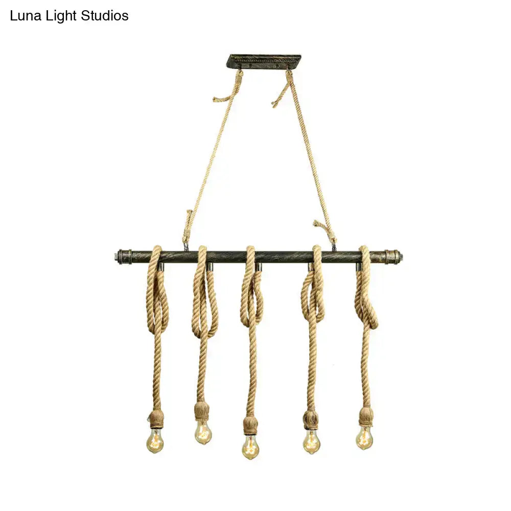 Rustic industrial style decorbites adjustable rope exposed island light with dark metal bar beige rope and light yellow edison bulbs