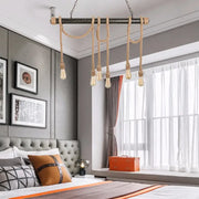 Industrial-style decorbites adjustable rope exposed island light with dark metal bar natural fiber rope and light yellow bulbs
