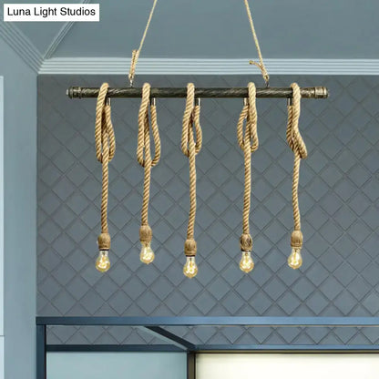 Decorbites adjustable rope exposed island light with dark metal pipe frame and light yellow natural fiber cords