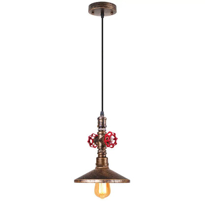 Industrial retro black and bronze pendant light fixture with bronze metal body red valve handles and exposed edison bulb