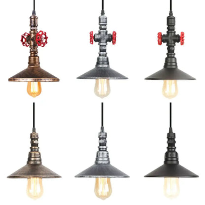 Industrial retro black and bronze pendant light fixture with vintage pipe design and red-handled valves for kitchen use