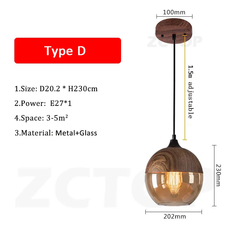 Warm-toned glass led pendant light with wooden top and metal hardware ideal as a dining room light source