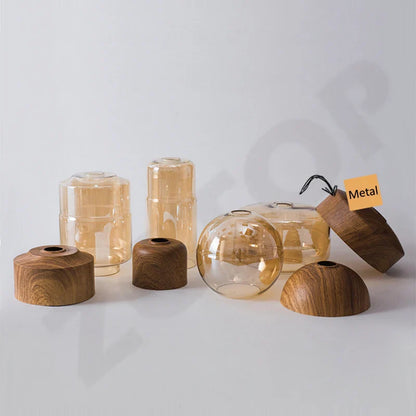 Industrial retro led pendant light with warm amber glass shades and wooden bases for dining room light source