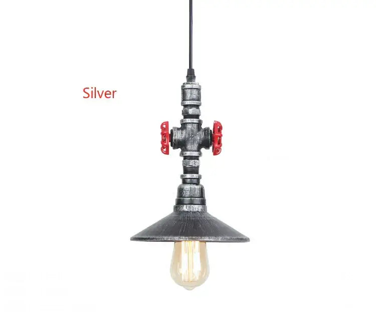 Industrial silver iron pipe pendant light with red valve handles and vintage bulb for retro loft dining room