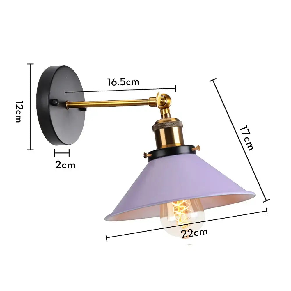 Industrial retro loft wall sconce with matte lavender conical shade brass arm and exposed edison bulb decorbites industrial retro
