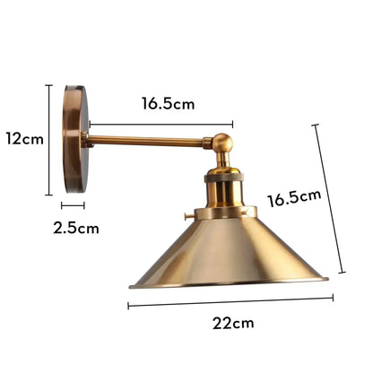 Brass-finished industrial retro loft wall sconce with conical shade and articulated arm for decorbites bedroom lighting