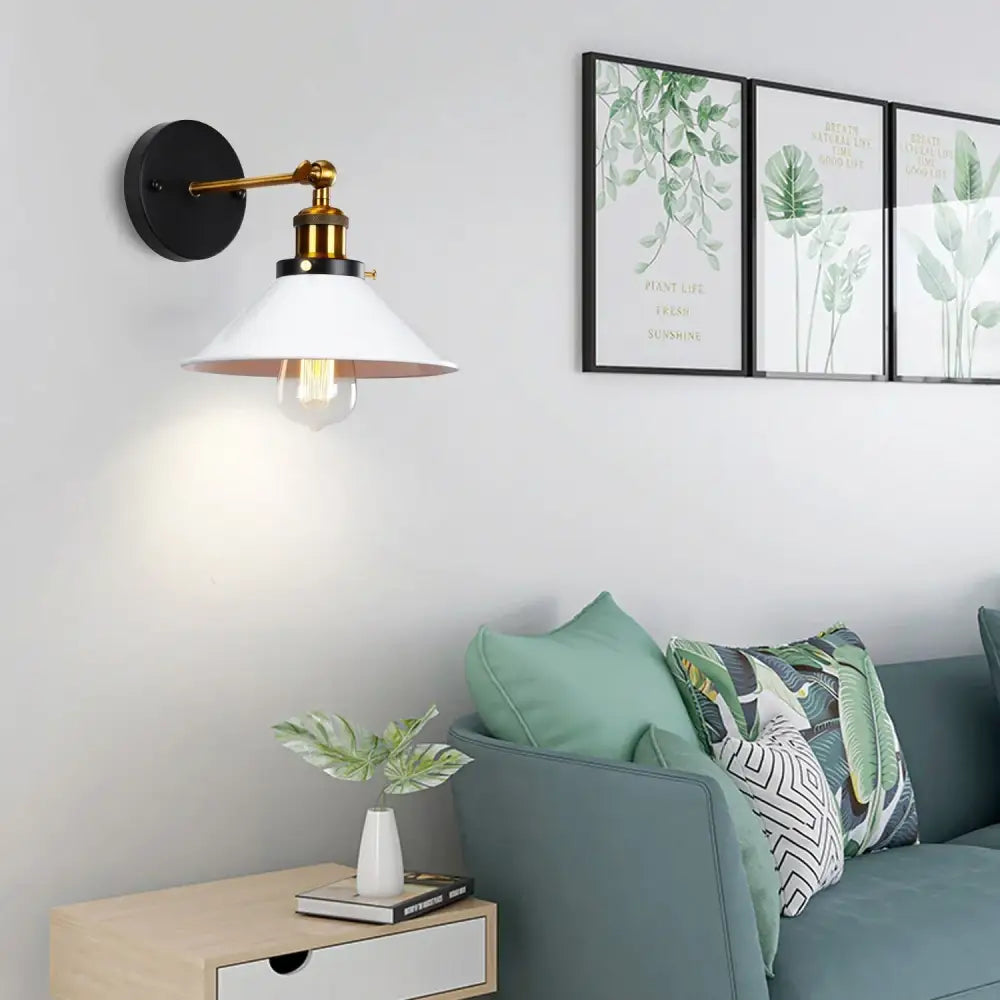Black and brass industrial retro loft wall sconce with white conical shade ideal for bedroom brass accent light decorbites industrial retro