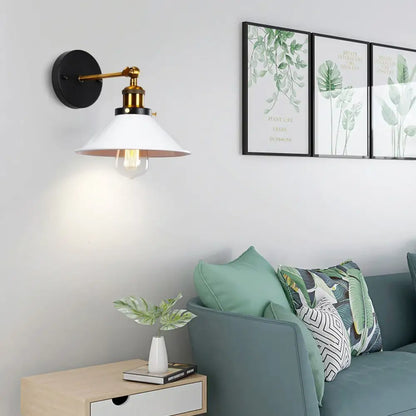 Black and brass industrial retro loft wall sconce with white conical shade ideal for bedroom brass accent light decorbites industrial retro