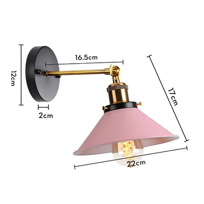 Industrial retro loft wall sconce with pink conical lampshade brass arm and black mounting plate for bedroom decorbites lighting