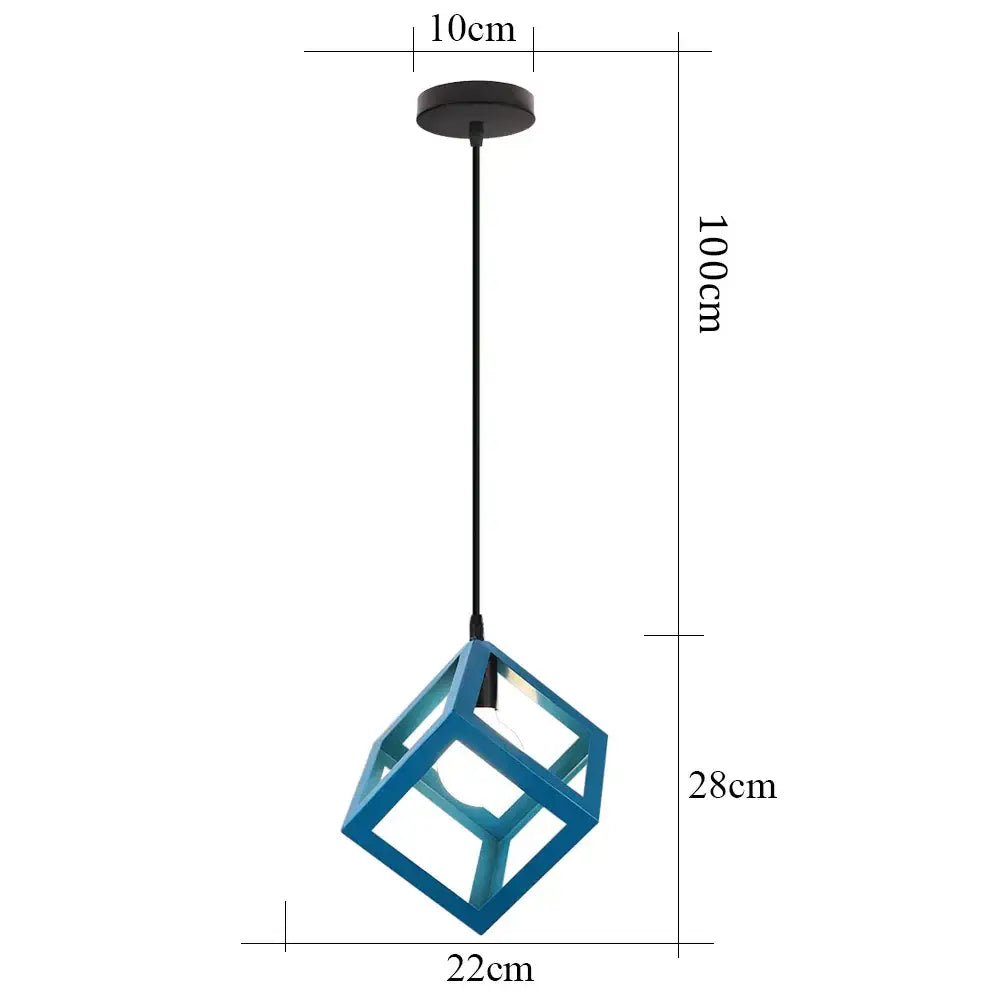 Blue geometric cube decorbites iron pendant light with black rod and ceiling mount for kitchen dining room decor