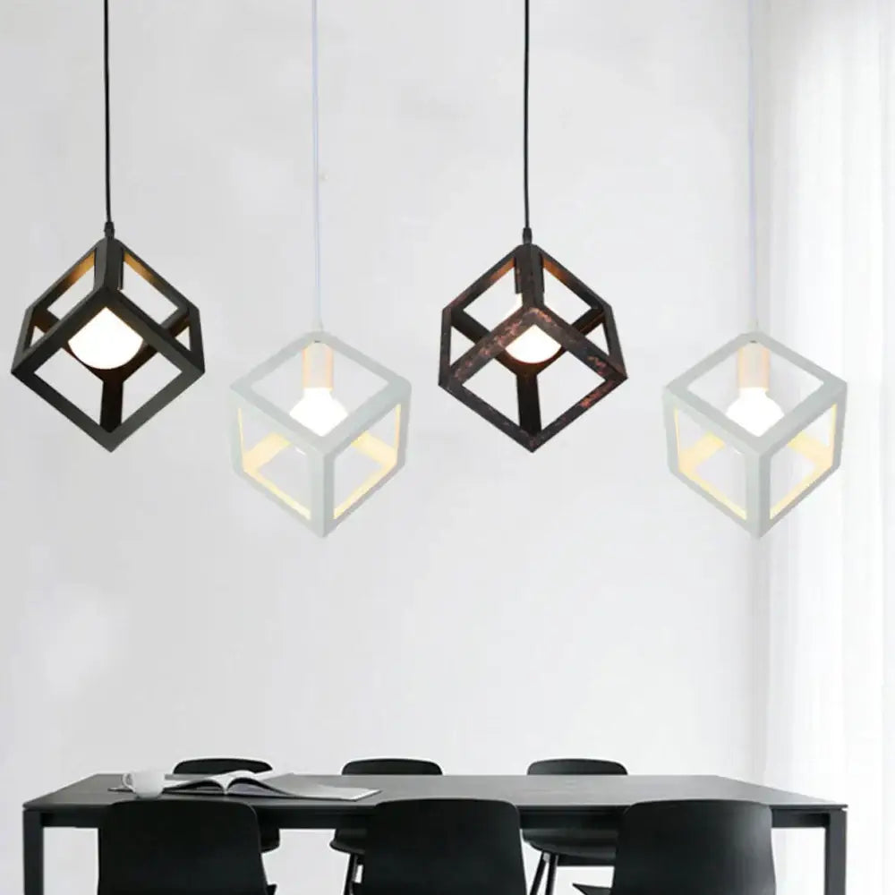 Four geometric cube iron pendant lights with black and white frames and warm bulbs for kitchen decorbites iron pendant light