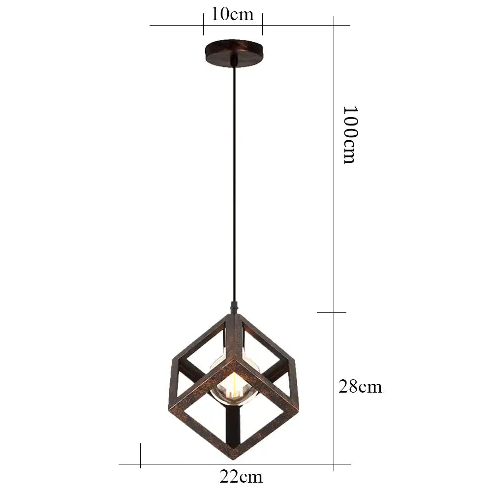 Rustic bronze-finished geometric iron pendant light with cube frame and exposed bulb for kitchen dining decorbites iron pendant
