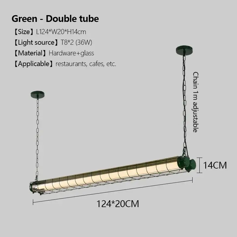 Green double tube pendant light with brass frame and glass enclosure featuring an adjustable chain for polished chrome finish