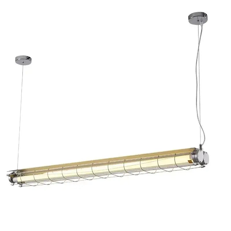 Industrial retro polished chrome pendant light with chrome finish, cylindrical glass tube, and wire mesh cage for dining room