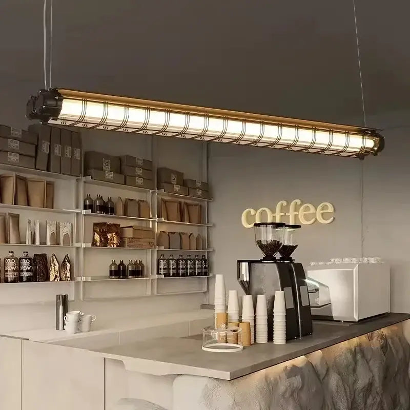 Industrial retro polished chrome pendant light with gold metal frame and frosted glass panels for dining room use