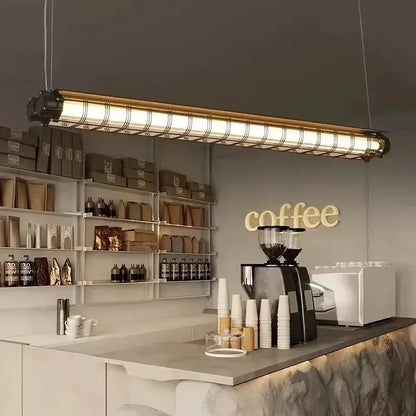 Industrial retro polished chrome pendant light with gold metal frame and frosted glass panels for dining room use