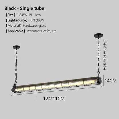 Black single-tube industrial pendant light with glass enclosure and polished chrome finish for dining room use