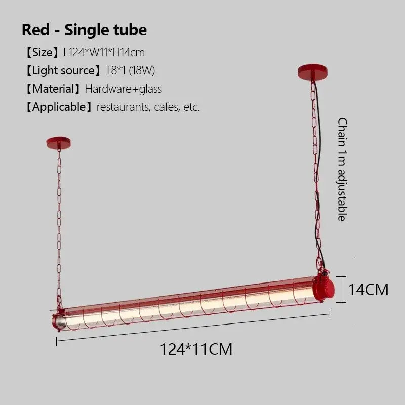 Red industrial retro pendant light with polished chrome finish and glass enclosure for dining room lighting