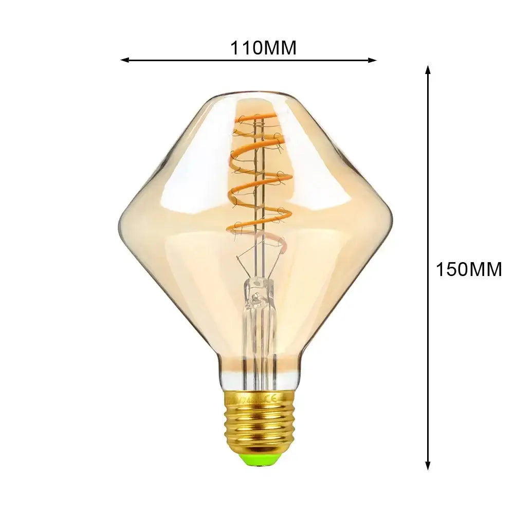 A diamond-shaped amber glass filament bulb with gold screw base for decorbites industrial retro vintage warm light decor