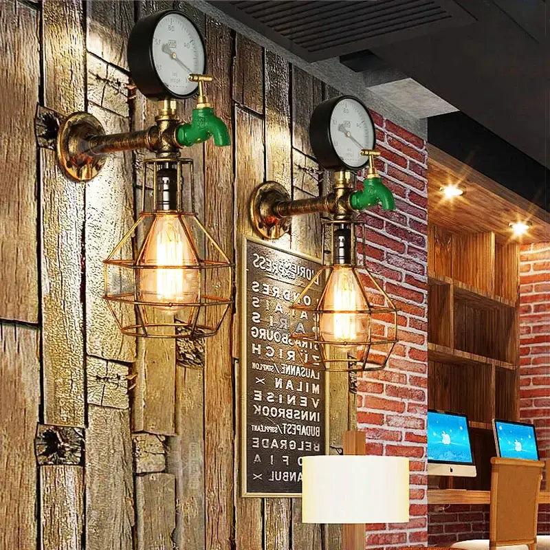 Industrial retro wall light green faucet lamp with brass pipes vintage gauges and filament bulbs for living room decorbites wall light