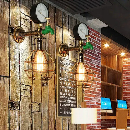 Industrial retro wall light green faucet lamp with brass pipes vintage gauges and filament bulbs for living room decorbites wall light