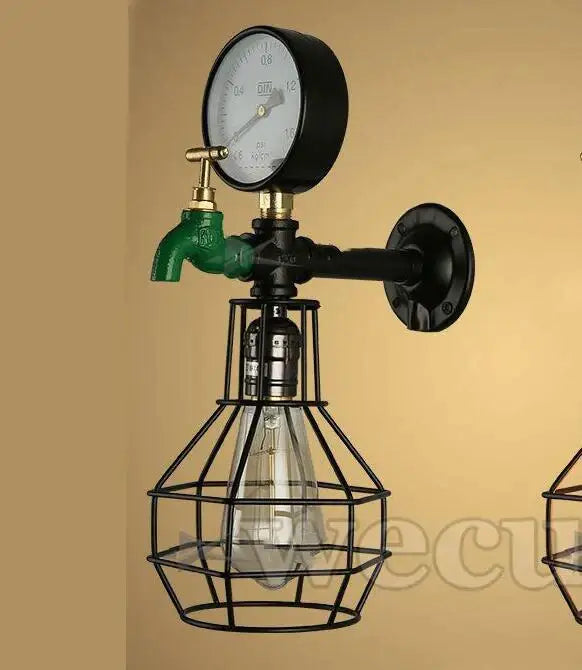 Industrial retro wall light decorbites featuring a black metal cage bulb, green faucet, and circular pressure gauge for living room decor