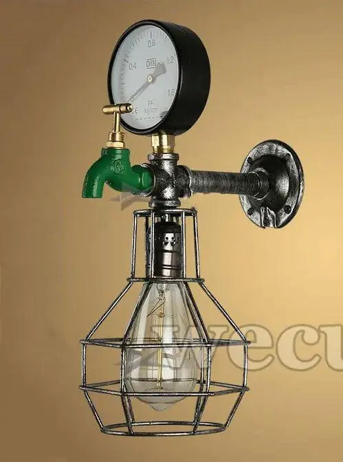 Industrial retro wall light featuring a green faucet, black pressure gauge, brass fittings, and wire cage bulb for living room decorbites industrial retro wall light