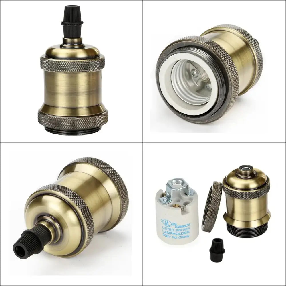 Antique brass finish industrial e27 lamp holder with textured knurled bands and black plastic components decorbites industrial e27 screw