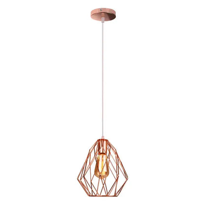 Industrial rose gold and black iron metal cage pendant light with faceted geometric design and exposed bulb for dining room decorbites iron metal