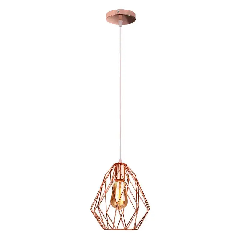 Industrial rose gold and black iron metal cage pendant light with faceted geometric design for dining room decorbites iron metal