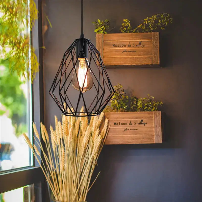 Black geometric decorbites iron metal cage pendant light with exposed edison bulb for dining room decor