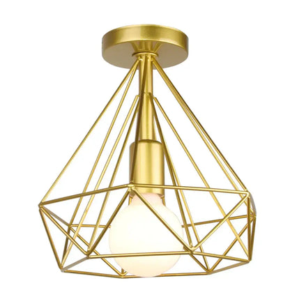 Gold-colored geometric wireframe industrial ceiling light with frosted bulb for living room decorbites industrial ceiling