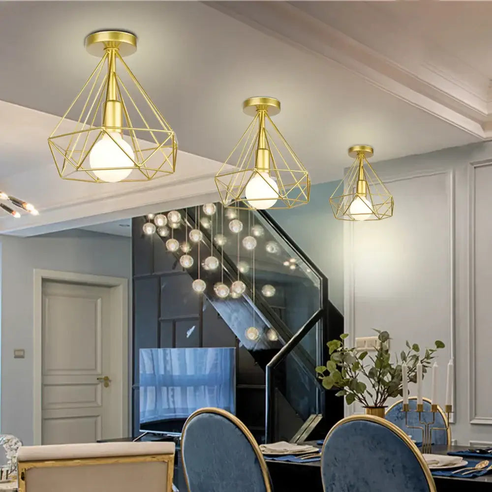 Gold geometric cage pendant ceiling light with exposed bulbs in industrial rose gold and brass for living room decorbites industrial ceiling