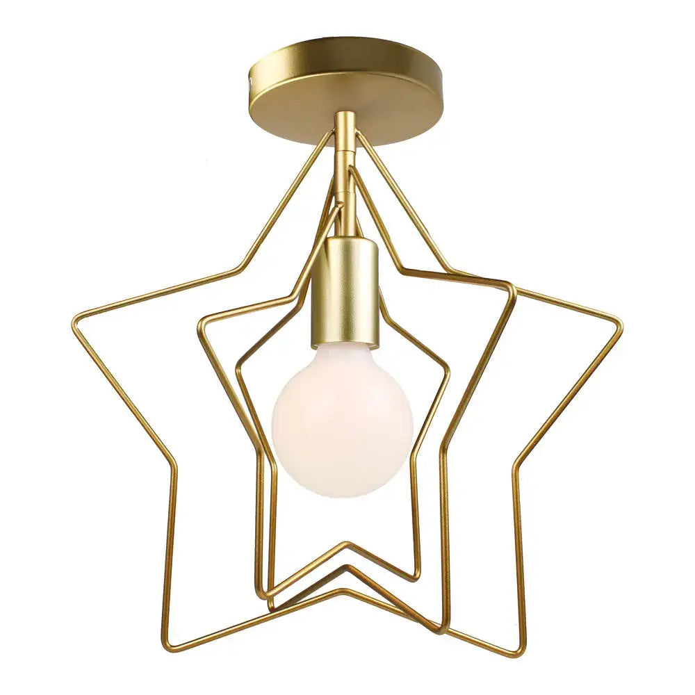 Industrial ceiling light in gold tone featuring a star-shaped layered wireframe design with frosted bulb for living room decorbites ceiling light