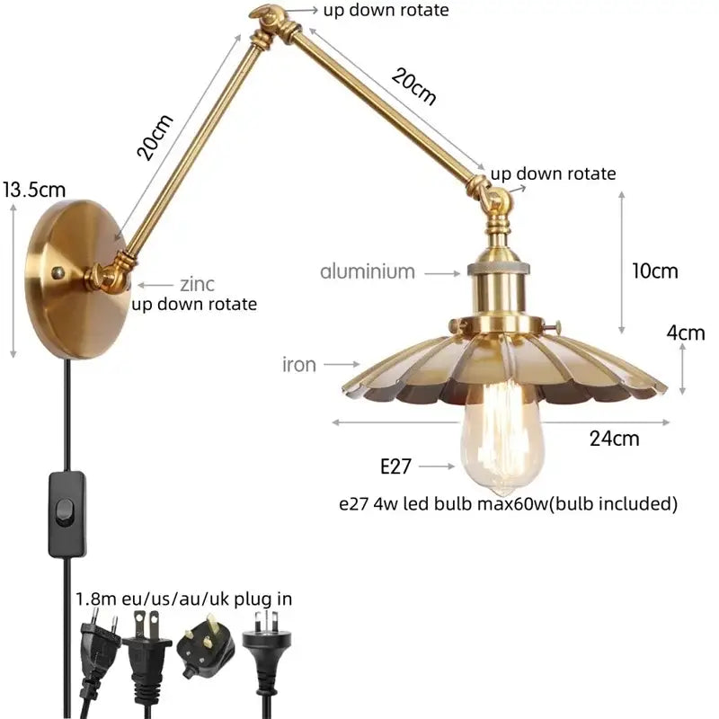 Brass-finished adjustable wall sconce with fluted shade and e27 led bulb for decorbites industrial rustic bedroom lighting